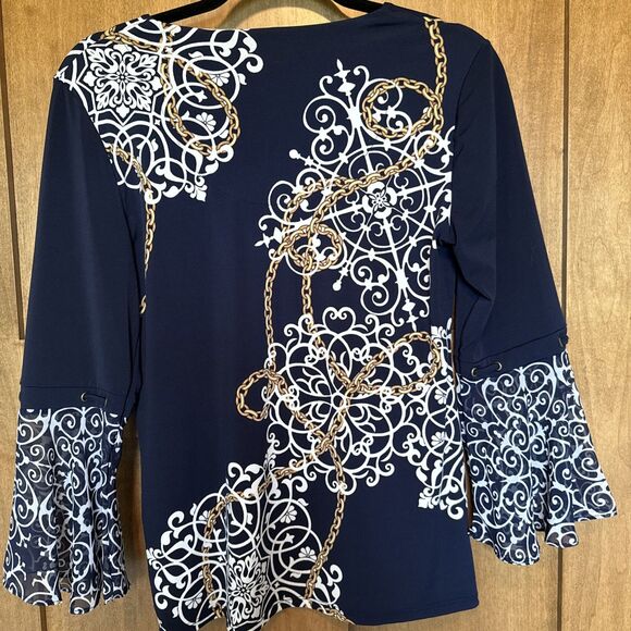 JM Collection Women's Size Petite Keyhole 3/4 Bell Sleeve Top Navy/white/gold - Picture 7 of 8